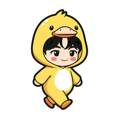 Chibi character with black hair and big eyes wearing a bright yellow duck costume with white belly and orange beak hood, walking with one leg lifted.