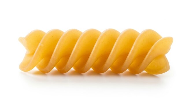 Close-up of single raw fusilli pasta isolated on white background