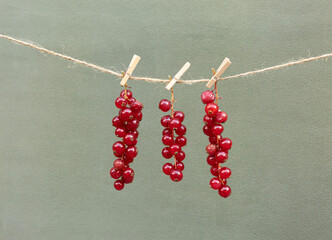 Racimos de grosellas rojas colgados en un cuerda, con pinzas de madera. 