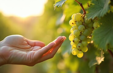 Hand touches green grapes on vine. Person inspects white grape bunch in vineyard. Farmer checks quality of green grapes for wine production.