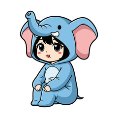 Chibi girl with short black hair and big eyes wearing a light blue elephant costume with pink ears, small tusks, and curled trunk, sitting on white background.