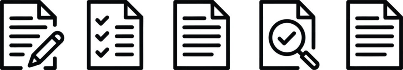 Five Document and Checklist Icons Showing Writing, Ticking, and Magnifying Glass on White Background Keywords: document, icon, checklist, writing