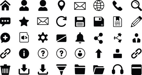 Grid of 36 Black and White Icons for Web and App User Interface on White Background 