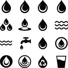 Collection of Water Drop and Wave Icons with Faucet and Recycling Symbol water drop icon