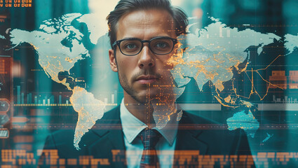 Businessman with world map overlay visualizing global growth, technology, and business data