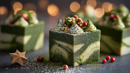 抹茶と柚子が香る和風チョコファッジを重ねた冬のデザート、柔らかな灯