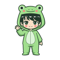 Cheerful chibi character with short black hair and green eyes wearing a cute green frog costume, waving left hand with a happy smile and rosy cheeks.
