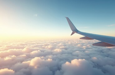 Obraz premium Aerial view from airplane window fluffy clouds below. Bright sunlight illuminates sky, aircraft wing. Calm blue expanse stretches beyond horizon. Journey above cloud layer offers peaceful travel