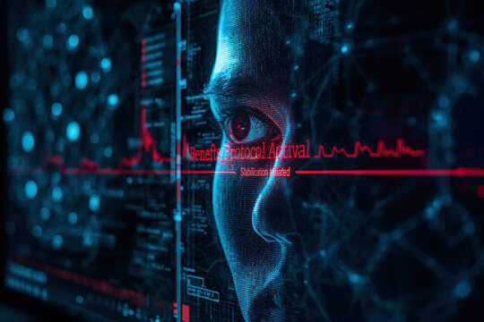 Human eye merging with a digital interface, showing technology and data - Powered by Adobe