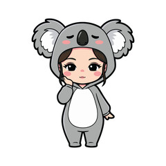 Shy chibi girl with black hair and big eyes in a gray koala costume with white belly and fluffy ears, one hand on cheek, cute cartoon style.