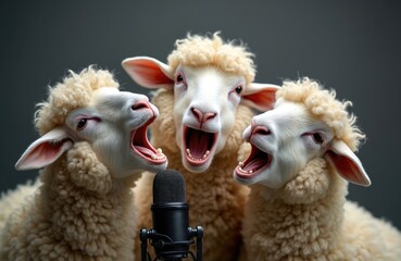 Three fluffy sheep sing into a microphone. Animals perform together with joy, open mouth, show teeth. Comic furry farm animals singing song on musical show at stage.