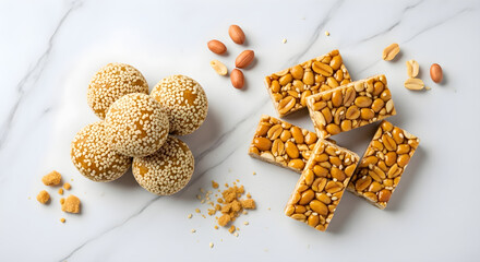 til ladoo sesame balls and peanut chikki brittle bars with jaggery and almonds on white marble. Makar Sankranti harvest festival sweet treats concept