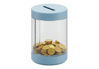 Transparent coin bank with golden coins isolated PNG, savings and investment concept for financial planning and money management