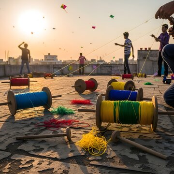 Colorful kite string spools on rooftop at sunset with people flying kites during Makar Sankranti Uttarayan festival in India
