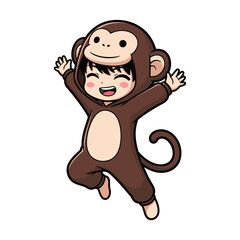 Happy cartoon child in a brown monkey costume with cream belly, curly tail, and closed eyes, jumping joyfully with arms raised and blushing cheeks.