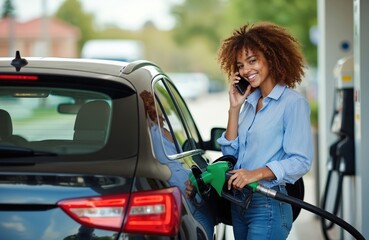 Young woman talks on phone while filling car fuel tank at gas station. Smiling person holds gas pump nozzle, busy with conversation and routine task outdoors. She wears blue shirt and jeans.