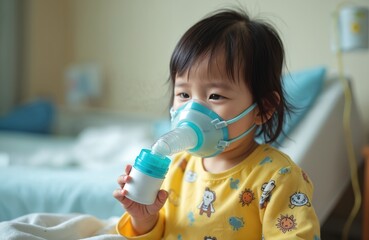 Young Asian girl wears oxygen mask on hospital bed holding inhaler device. Child in yellow pajamas receives treatment for respiratory issue. Little patient in medical care with breathing apparatus.