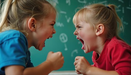 Two young girls argue in classroom. Children show anger and frustration. They stand in front of green blackboard with white chalk marks. Kids have blonde hair and wear colorful t shirts.