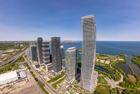 Aerial view of Marine Parade Drive and Lake Shore Boulevard West in Etobicoke near Toronto West downtown, Ontario. Mimico neighbourhood. Lake Ontario waterfront and residential housing developments.
