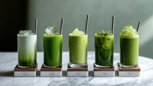 大理石の上で緑系ドリンクを等間隔に配置したミニマルな試飲演出、人物なし