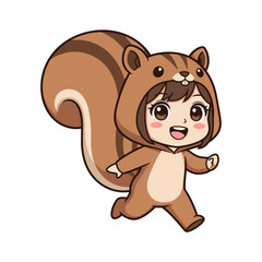 Cute cartoon girl in a brown squirrel costume with big tail, light belly, and smiling face, walking on a clean white background.