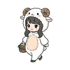 Sweet cartoon girl in a white sheep costume with brown horns, holding a basket of yellow flowers, cute and charming illustration style.