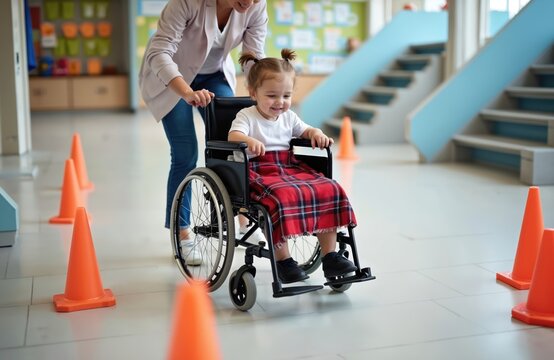 Happy young girl in wheelchair learns mobility skills with adult therapist. Navigate indoor cone course, practicing movement. Special needs child develops independence, motor skills. Caregiver helps