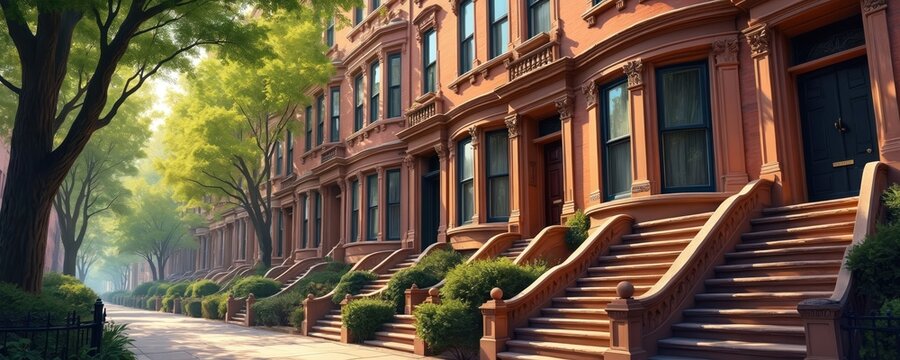 Illustration of historic brownstone houses in New York City. Row houses with detailed architecture featuring steps and stoops. Urban scene includes trees and sidewalk creating scenic neighborhood.