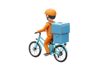 Delivery man on bicycle PNG isolated on transparent background, courier with food box for service and transportation