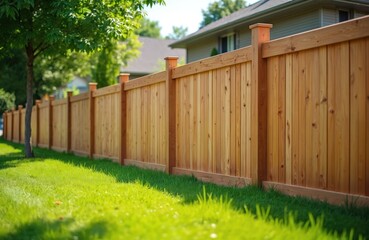 Wooden fence around house with green lawn. Fence made of light wood with vertical planks and posts. Grassy yard with tree. Residential house in background. Wooden fence on green grass.