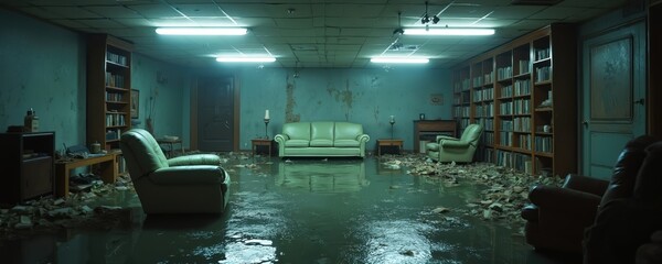 Flooded home basement with waterlogged possessions. Room damaged furniture, bookshelves, scattered debris. Water covers floor, reflecting fluorescent lights. Scene portrays emotional impact of