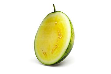 Freshly cut yellow watermelon half showcasing vibrant yellow flesh and green rind, highlighting juicy texture and unique appearance, perfect for summer refreshment and healthy snacking