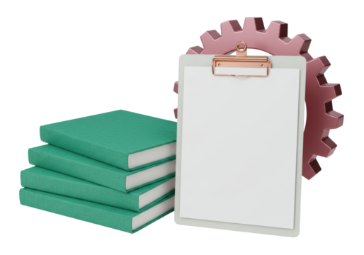 Stack of green books with clipboard and gear isolated PNG, educational resources and project management tools on transparent background