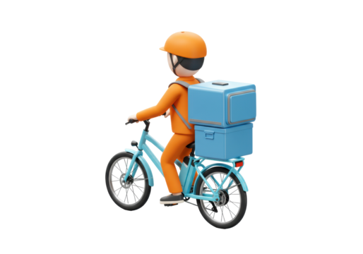 Delivery man on bicycle PNG isolated on transparent background, courier with food box for service and transportation