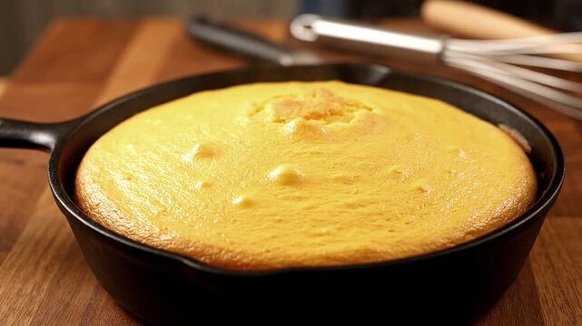 In a cast-iron skillet, a cornbread bakes to a perfect golden color.