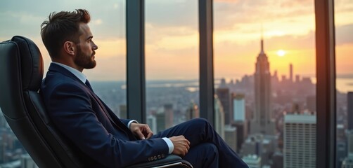 Young handsome businessman sits in comfortable office chair. Gazes out panoramic window at vast city skyline during golden hour. Man plans for future business success, global economy growth,
