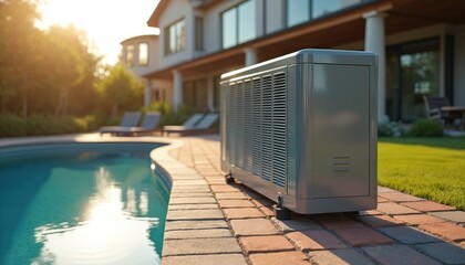 Large silver heat pump unit beside poolside patio of luxury house with lounge chairs, plants. Modern outdoor HVAC system by swimming pool, garden. Contemporary home with geothermal heating solution.