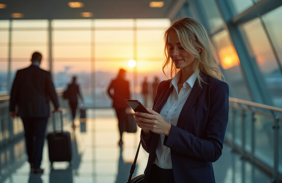 Young blonde businesswoman uses mobile phone, smiling in airport terminal. Waits for flight during golden hour sunset, early morning evening. People walk with luggage. Modern airport travel,