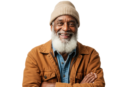 Smiling senior African American man with a beard wearing a beanie isolated on transparent background, happy mature male portrait PNG