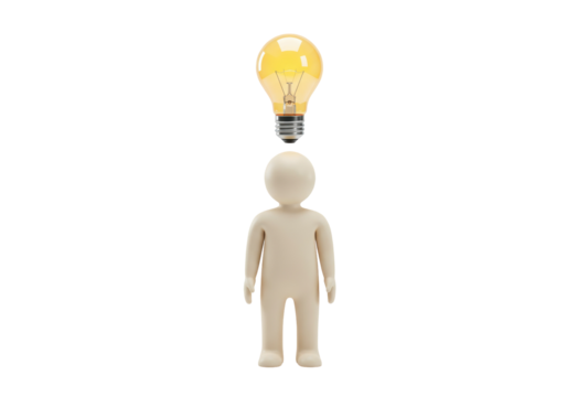 3D man with light bulb isolated PNG on transparent background, concept for idea, innovation, creativity, and problem solving