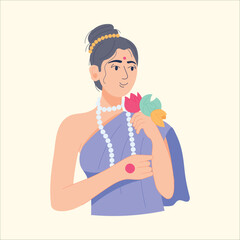 Graceful Essence: Traditional Lady with Floral Garland and Lotus Vector Art