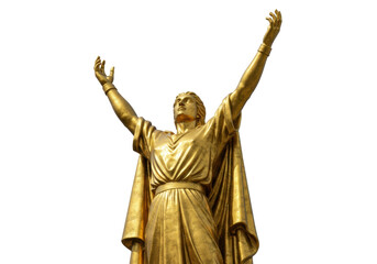 Obraz premium Golden statue of a man with arms raised isolated PNG, religious figure on transparent background, victory and achievement concept