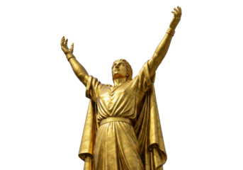 Golden statue of a man with arms raised isolated PNG, religious figure on transparent background, victory and achievement concept