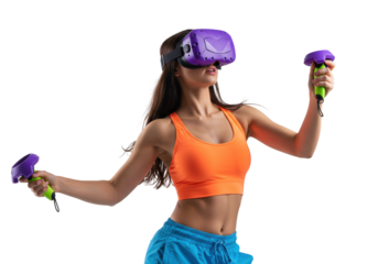 Woman with VR headset and controllers isolated on transparent PNG, virtual reality gaming and fitness concept