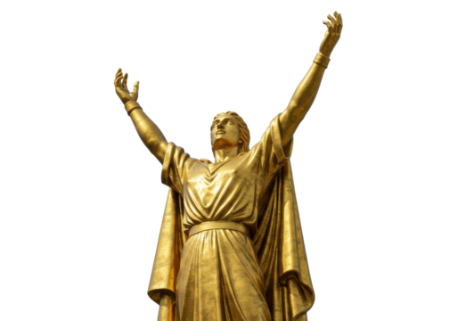 Golden statue of a man with arms raised isolated PNG, religious figure on transparent background, victory and achievement concept