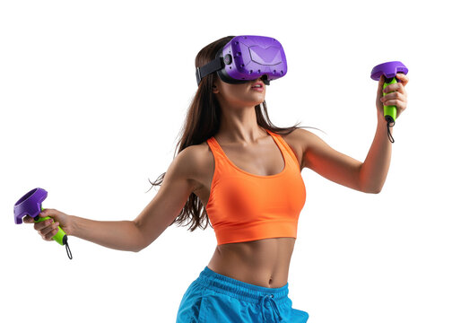 Woman with VR headset and controllers isolated on transparent PNG, virtual reality gaming and fitness concept
