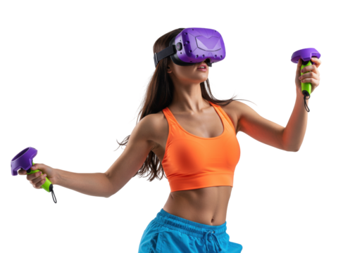 Woman with VR headset and controllers isolated on transparent PNG, virtual reality gaming and fitness concept