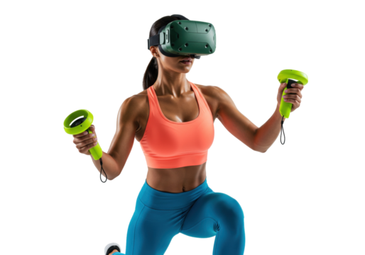 Athletic woman with VR headset and controllers isolated on transparent PNG, fitness and virtual reality workout for health and technology