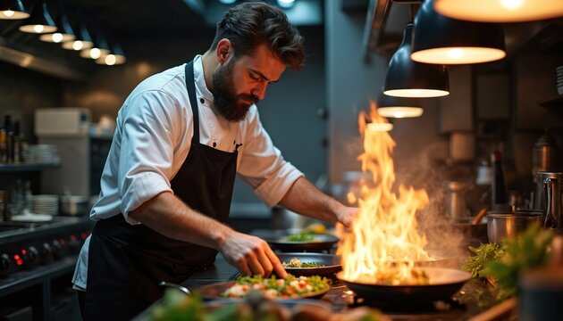 Bearded chef in professional kitchen flambes food in pan with intense flames. Culinary artist garnishes plate with fresh greens. Skillful cook prepares gourmet dish in upscale restaurant.