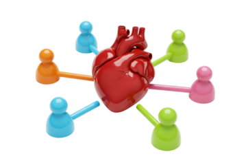 Human heart connected to colorful figures isolated PNG, concept of social connection and community health on transparent background